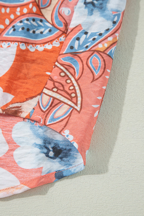 Paisley Pattern Smocked Cuff Button Up Blouse