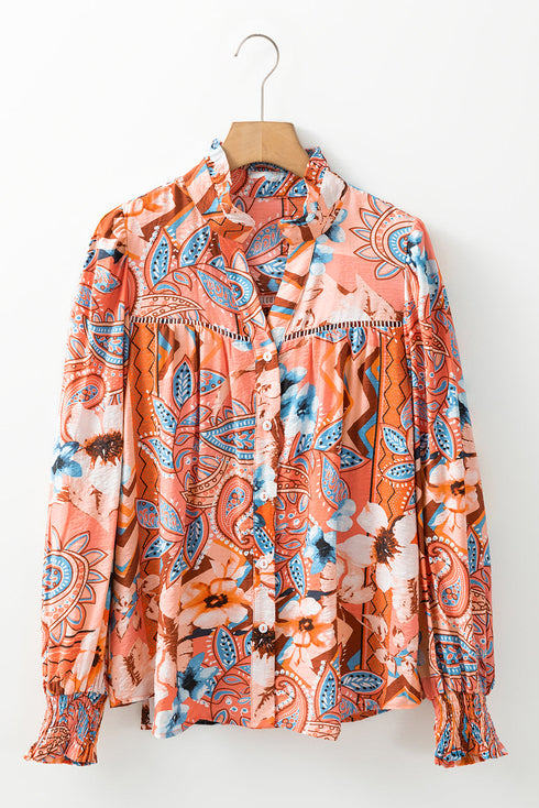 Paisley Pattern Smocked Cuff Button Up Blouse
