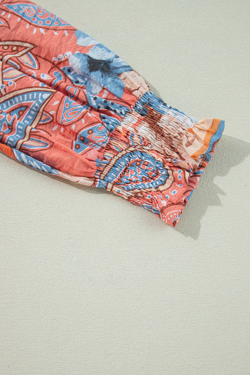 Paisley Pattern Smocked Cuff Button Up Blouse
