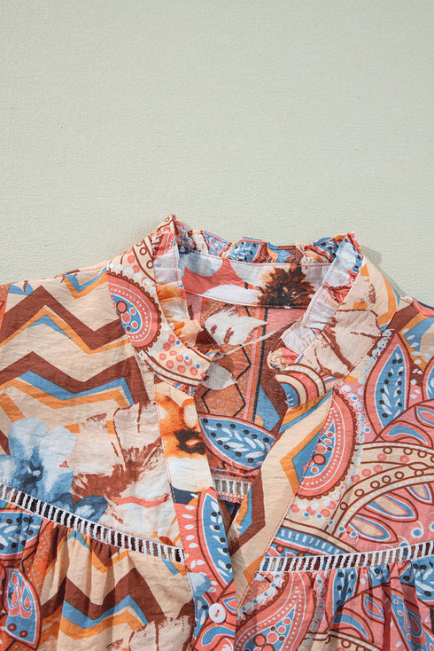 Paisley Pattern Smocked Cuff Button Up Blouse