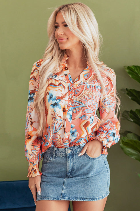 Paisley Pattern Smocked Cuff Button Up Blouse