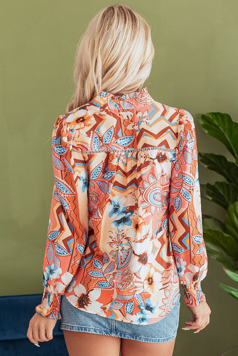 Paisley Pattern Smocked Cuff Button Up Blouse