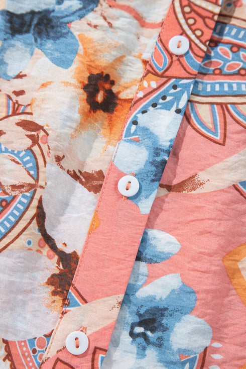 Paisley Pattern Smocked Cuff Button Up Blouse