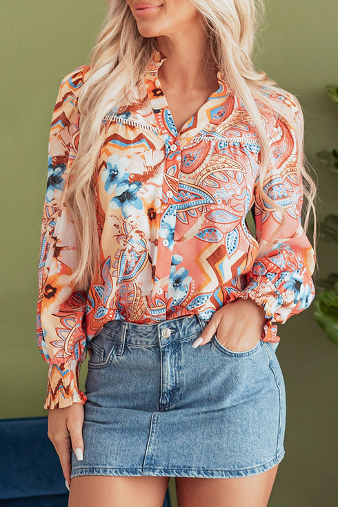 Paisley Pattern Smocked Cuff Button Up Blouse