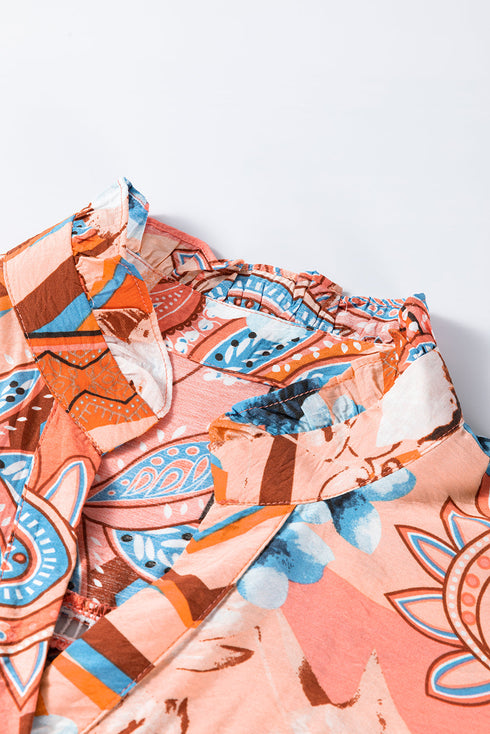 Paisley Pattern Smocked Cuff Button Up Blouse