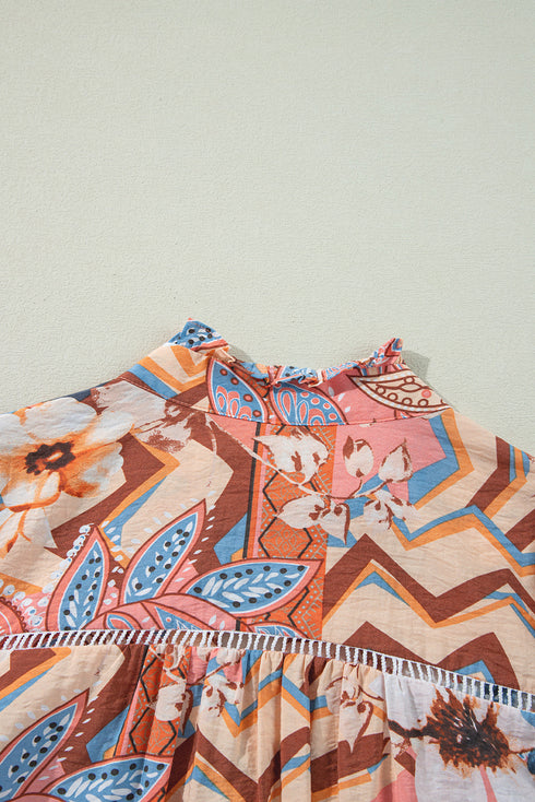 Paisley Pattern Smocked Cuff Button Up Blouse
