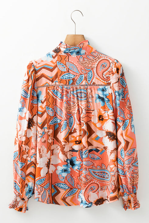 Paisley Pattern Smocked Cuff Button Up Blouse