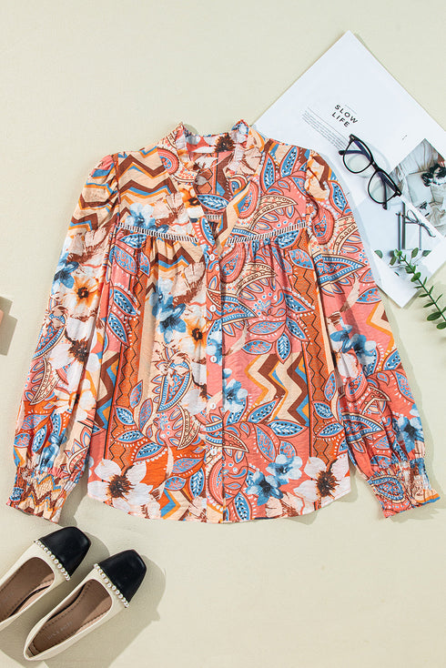 Paisley Pattern Smocked Cuff Button Up Blouse