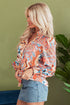 Paisley Pattern Smocked Cuff Button Up Blouse