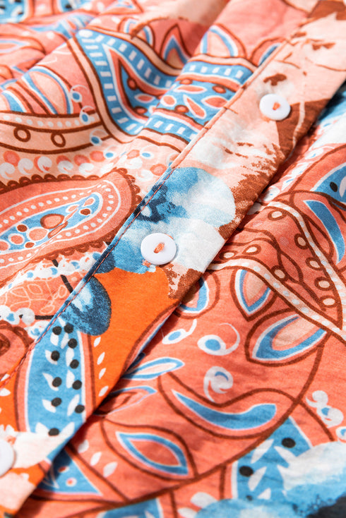Paisley Pattern Smocked Cuff Button Up Blouse