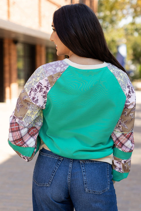 Paisley Plaid Patchwork Long Sleeve Raglan Top