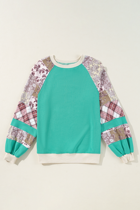Paisley Plaid Patchwork Long Sleeve Raglan Top
