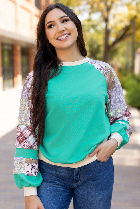 Paisley Plaid Patchwork Long Sleeve Raglan Top