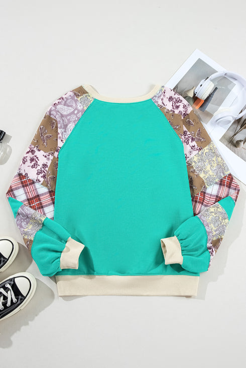 Paisley Plaid Patchwork Long Sleeve Raglan Top