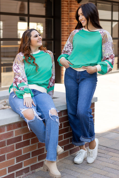 Paisley Plaid Patchwork Long Sleeve Raglan Top