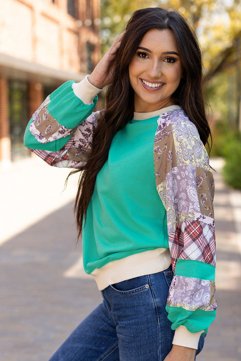 Paisley Plaid Patchwork Long Sleeve Raglan Top