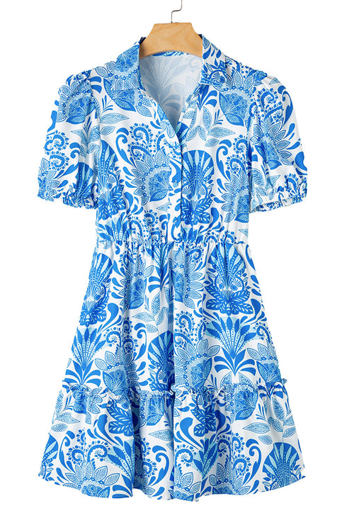Paisley Print Collared Puff Sleeve Mini Dress