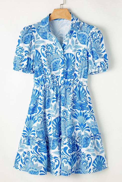 Paisley Print Collared Puff Sleeve Mini Dress