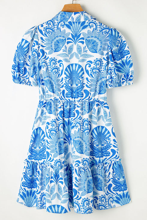 Paisley Print Collared Puff Sleeve Mini Dress