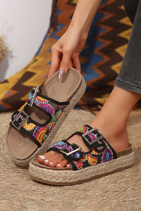 Paisley Print Double Buckle Synthetic Leather Wedge Slippers
