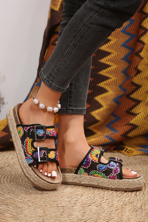 Paisley Print Double Buckle Synthetic Leather Wedge Slippers