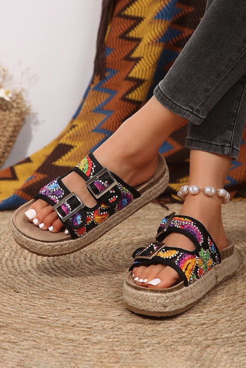 Paisley Print Double Buckle Synthetic Leather Wedge Slippers