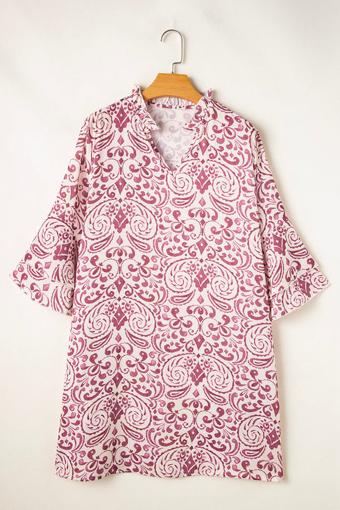 Paisley Print Notched Neck Rick Rack Tiered Mini Dress