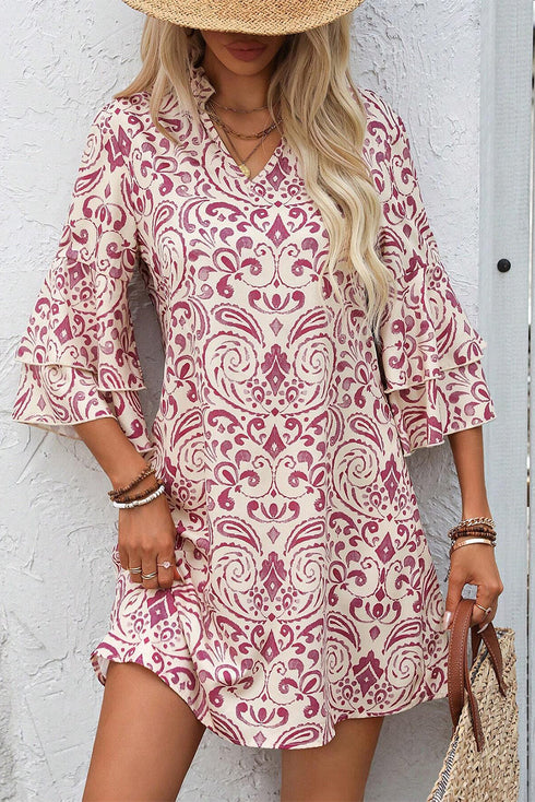 Paisley Print Notched Neck Rick Rack Tiered Mini Dress