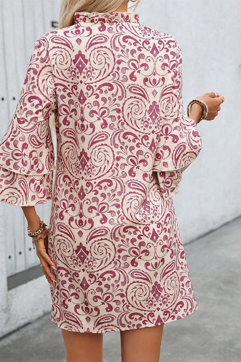 Paisley Print Notched Neck Rick Rack Tiered Mini Dress
