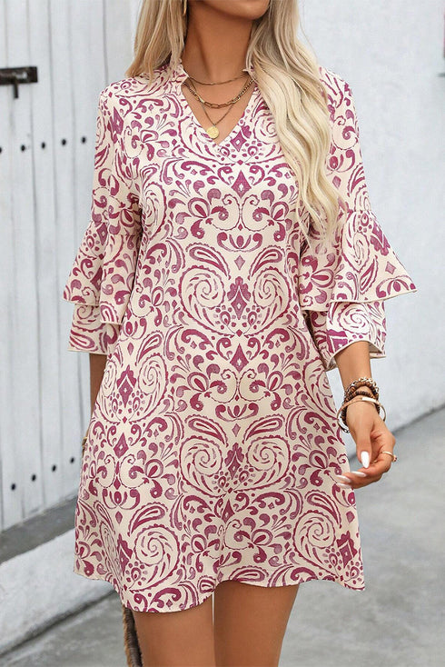 Paisley Print Notched Neck Rick Rack Tiered Mini Dress