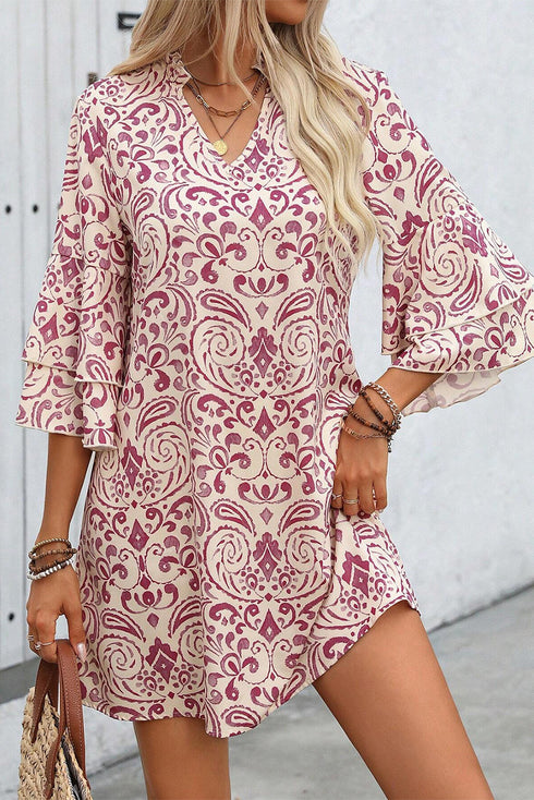 Paisley Print Notched Neck Rick Rack Tiered Mini Dress