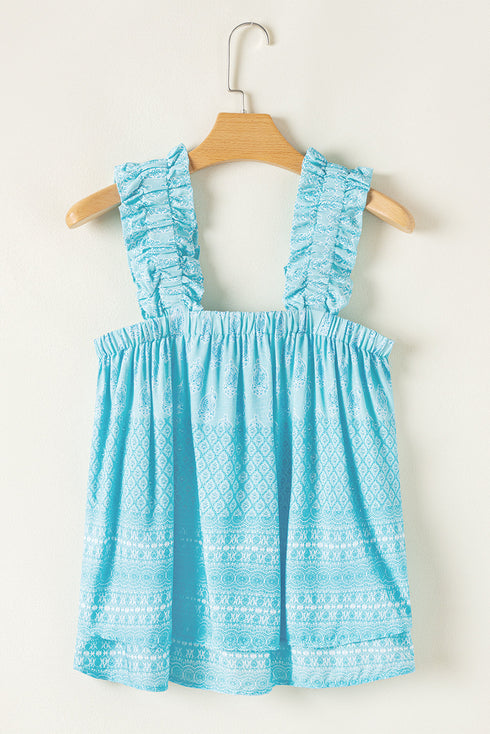 Paisley Print Ruffled Strap Square Neck Tank Top