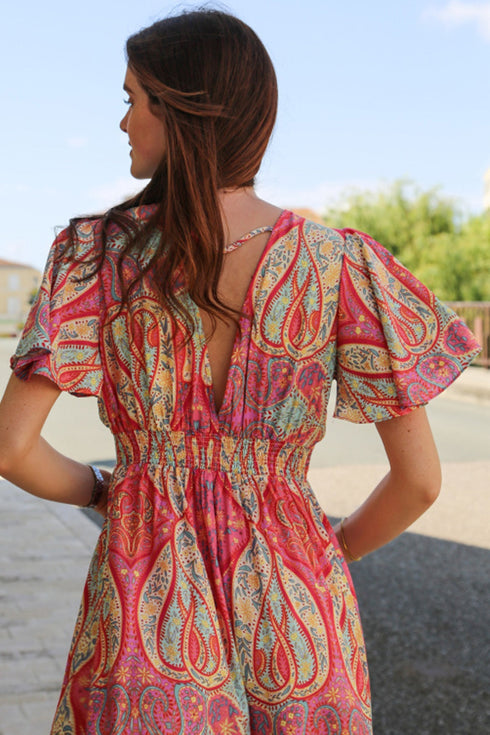Paisley Print V Neck Short Sleeve Ruffle Bohemian Dress