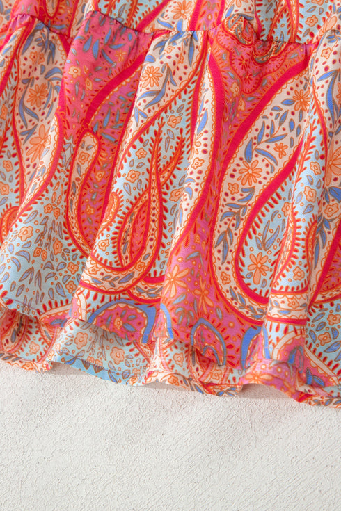 Paisley Print V Neck Short Sleeve Ruffle Bohemian Dress