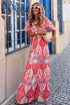 Paisley Print V Neck Short Sleeve Ruffle Bohemian Dress