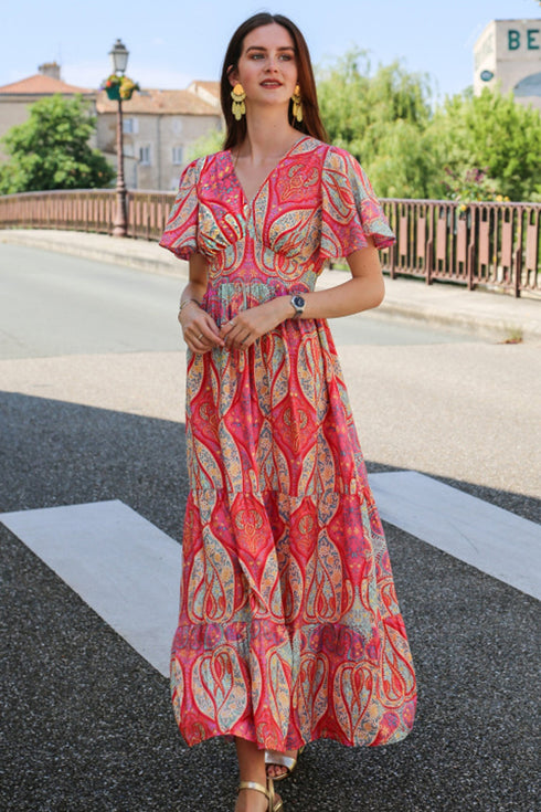 Paisley Print V Neck Short Sleeve Ruffle Bohemian Dress