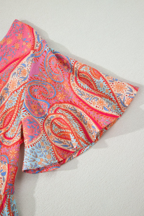 Paisley Print V Neck Short Sleeve Ruffle Bohemian Dress