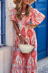 Paisley Print V Neck Short Sleeve Ruffle Bohemian Dress