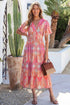 Paisley Print V Neck Short Sleeve Ruffle Bohemian Dress