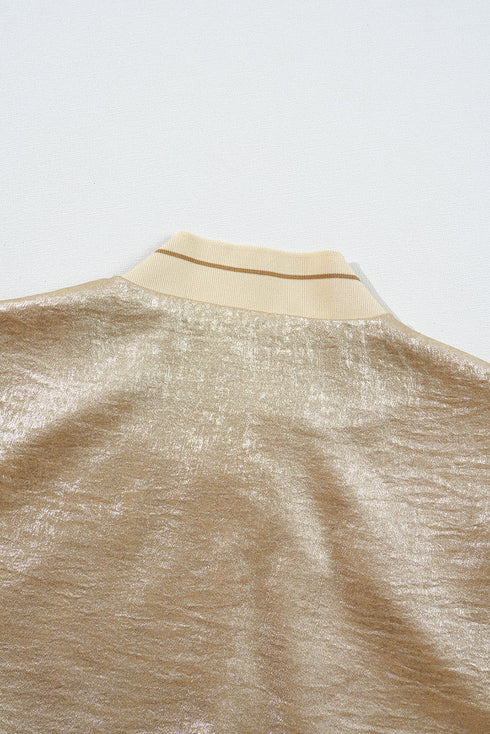 Pale Khaki Metallic Zip up Baseball Jacket