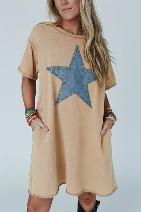 Pale Khaki Mineral Wash Stud Beaded Star Graphic Pocketed T Shirt Dress