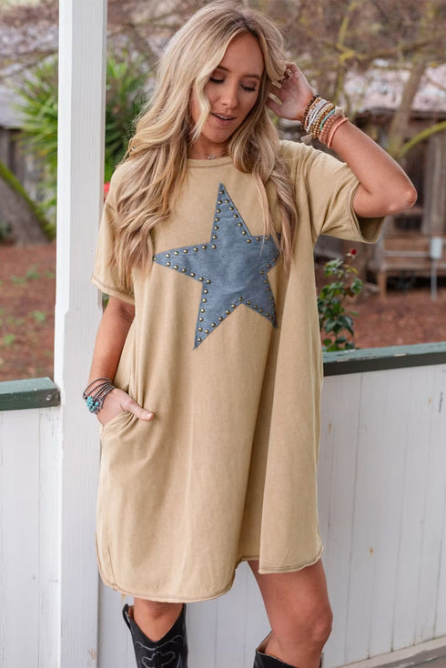 Pale Khaki Mineral Wash Stud Beaded Star Graphic Pocketed T Shirt Dress