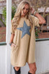 Pale Khaki Mineral Wash Stud Beaded Star Graphic Pocketed T Shirt Dress