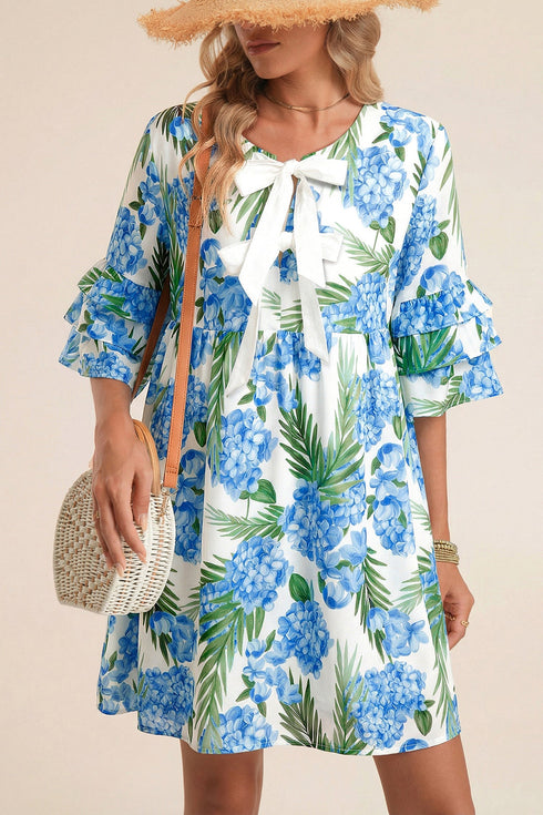 Palm Floral Print Ribbon Knot Ruffle Tiered Mini Dress
