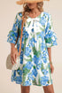 Palm Floral Print Ribbon Knot Ruffle Tiered Mini Dress