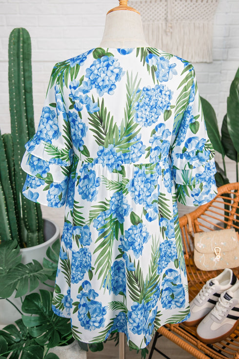 Palm Floral Print Ribbon Knot Ruffle Tiered Mini Dress