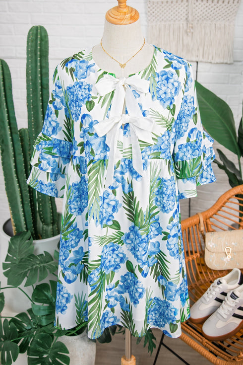 Palm Floral Print Ribbon Knot Ruffle Tiered Mini Dress