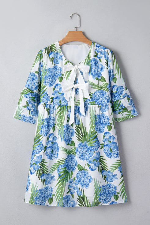 Palm Floral Print Ribbon Knot Ruffle Tiered Mini Dress