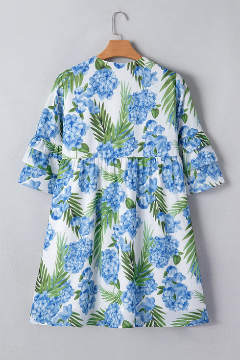 Palm Floral Print Ribbon Knot Ruffle Tiered Mini Dress