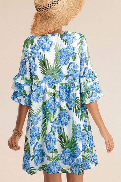 Palm Floral Print Ribbon Knot Ruffle Tiered Mini Dress